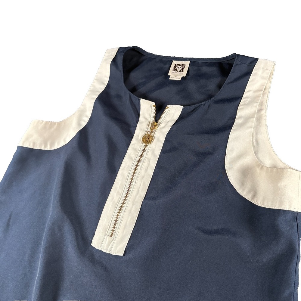 Anne Klein 1/4 Zip-front Top Womens Small‎ Navy Blue White Colorblock Sleeveless
